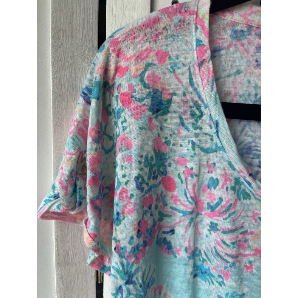 Lilly Pulitzer Womens Sm Short SLV Colorful Scoop Neck 100% Linen Tee Shirt - Picture 4 of 8